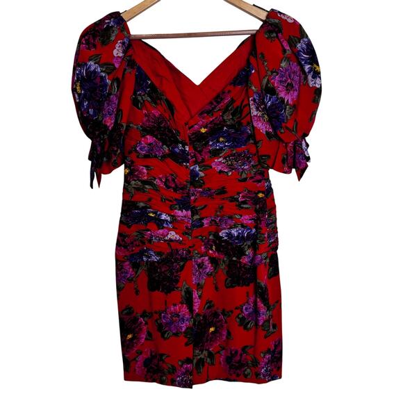 Liancarlo Ruched Cocktail Dress Womens 10 Red Floral Silk Puff Sleeve Elegant - Picture 1 of 16